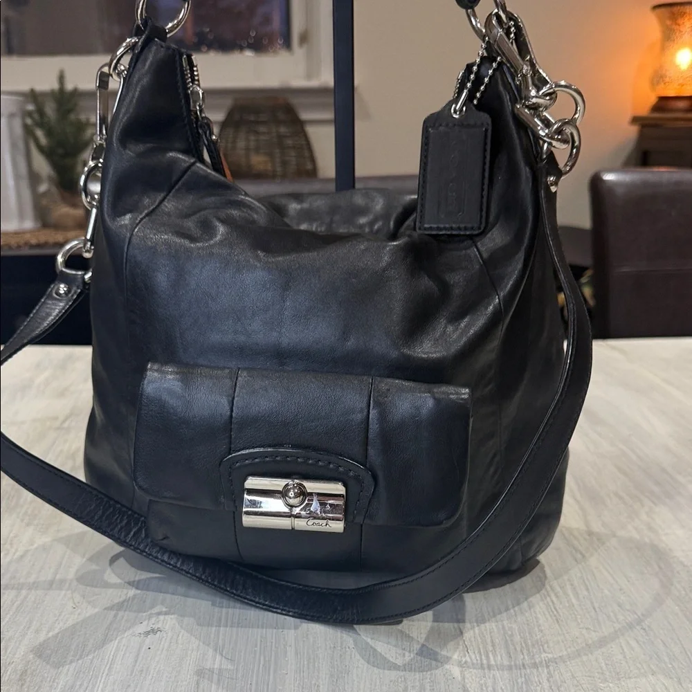 Vintage Coach Black Leather Shoulder Bag with Silver Accents